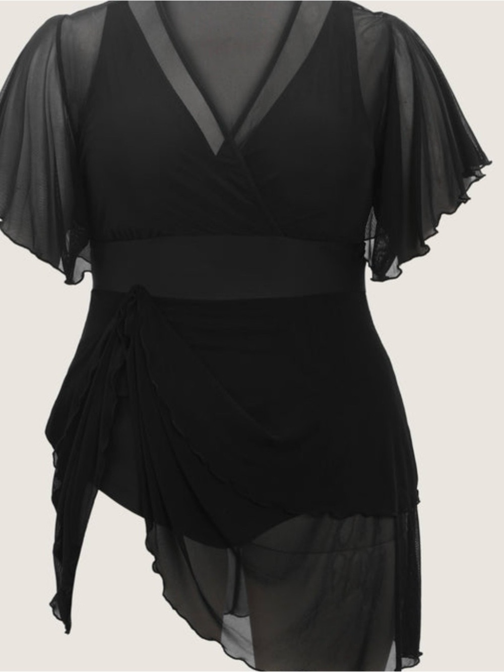 Sheer Ruffled Sleeve Layered Swim Dress